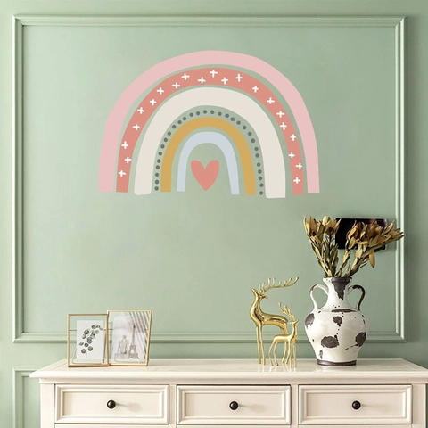 Pegatinas de Pared de Arco Iris Bohemio para Habitación de Niños PVC Autoadhesivo Color Morandi Decoración de Corazón Calcomanía de Pared DIY