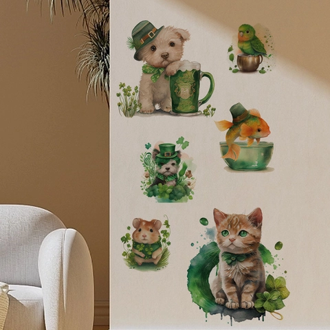 St Patrick's Day Animal Wall Sticker PVC Watercolor Shamrock Dog Cat Parrot Hamster Fish Decal For Home Living Room Bedroom Decor