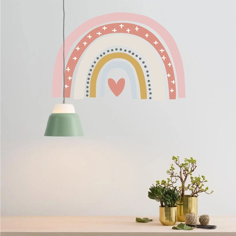Pegatinas de Pared de Arco Iris Bohemio para Habitación de Niños PVC Autoadhesivo Color Morandi Decoración de Corazón Calcomanía de Pared DIY