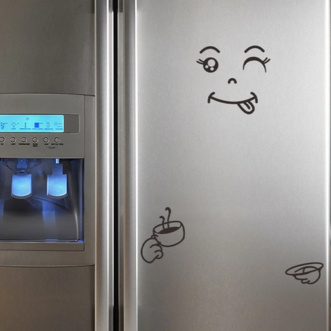 Funny Cartoon Smiley Face Refrigerator Sticker Waterproof PVC Kitchen Wall Decal With Coffee Cup Pattern For Home Decor