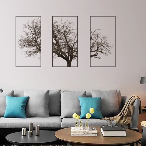 Nordic Style Grey Tree Branch Wall Sticker PVC Triptych Minimalist Modern Art Decal For Living Room Bedroom Home Background Wall Decor