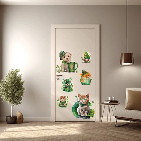 St Patrick's Day Animal Wall Sticker PVC Watercolor Shamrock Dog Cat Parrot Hamster Fish Decal For Home Living Room Bedroom Decor