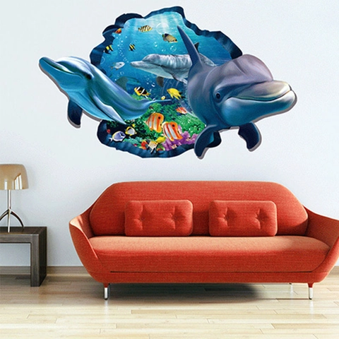 3D Dolphin Ocean Underwater Marine Life Wall Sticker Removable PVC Decorative Wall Decal For Living Room Kids Bedroom
