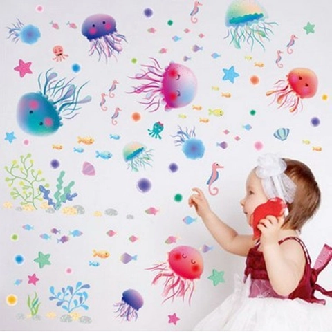 Pegatinas de Pared de Animales Marinos de Dibujos Animados PVC Impermeable Medusa Hipocampo para Baño Habitación Niños