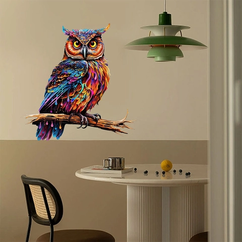 Sticker Mural Hibou Coloré Artistique PVC Amovible Branche d'Arbre Décalcomanie Animale Pour Salon Chambre Bureau Décoration Maison