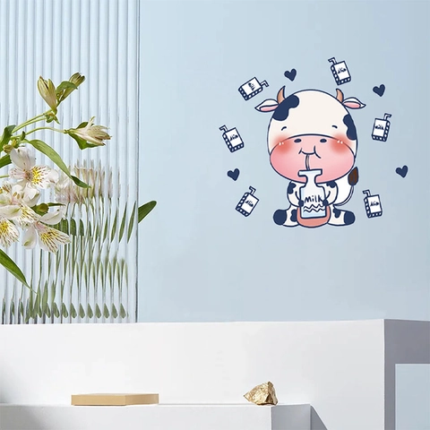 Funny Cow PVC Wall Sticker Removable Black Silhouette Cow Head And Cartoon Milk Drinking Cow For Home Bedroom Decor
