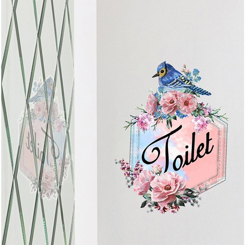 Sticker Mural Autocollant en PVC Fleurs et Oiseaux Pour Salle de Bain Toilettes Signe Sticker Décoration de Maison Botanique