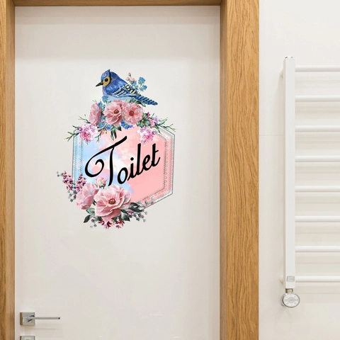 Bathroom Toilet Door Sign Wall Stickers Floral Bird Pattern Removable PVC Self-Adhesive Decals For Home Washroom Decor