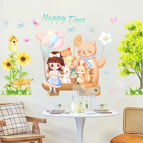 Cartoon Meisje En Dieren Schommel Muursticker PVC Zelfklevende Aquarel Zonnebloem Boom Stickers Voor Kinderslaapkamer Decor