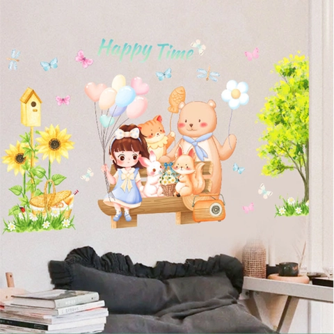 Cartoon Meisje En Dieren Schommel Muursticker PVC Zelfklevende Aquarel Zonnebloem Boom Stickers Voor Kinderslaapkamer Decor
