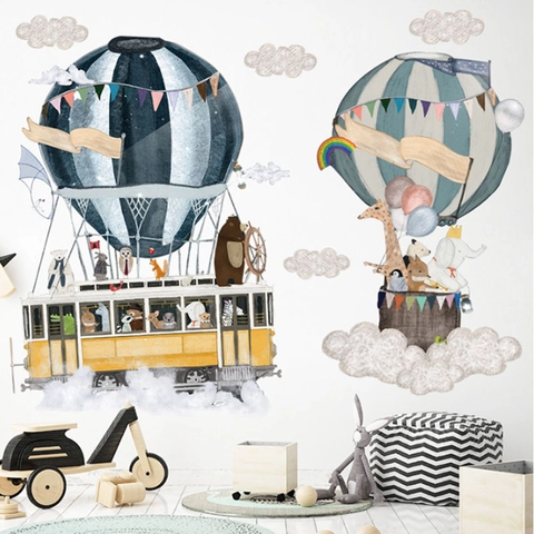 Cartoon Animal Hot Air Balloon Wall Stickers Removable PVC Hand-Painted Watercolor Decals For Kids Room Nursery Home Decor