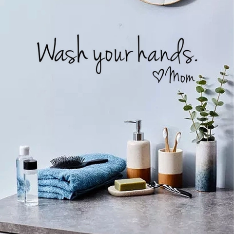 Waschen Sie Ihre Hände Mom Herz Buchstabe Wandtattoo Wasserdicht PVC Abnehmbar Handschriftlich Home Dekor Für Badezimmer Toilette