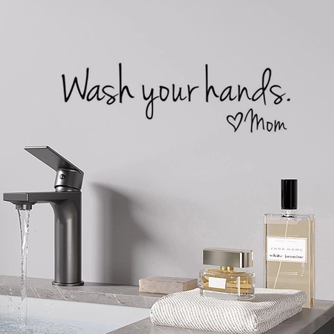 Waschen Sie Ihre Hände Mom Herz Buchstabe Wandtattoo Wasserdicht PVC Abnehmbar Handschriftlich Home Dekor Für Badezimmer Toilette