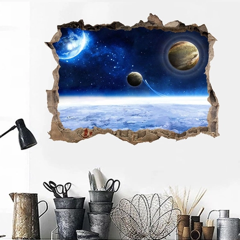 Adesivo Murale 3D Muro Rotto Galassia Spazio Pianeta PVC Autoadesivo Cielo Stellato Terra Murale per Camera Bambini Casa
