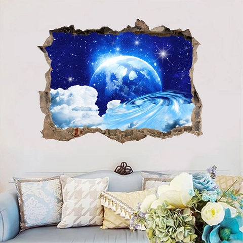Adesivo Murale 3D Muro Rotto Galassia Spazio Pianeta PVC Autoadesivo Cielo Stellato Terra Murale per Camera Bambini Casa