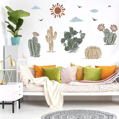 Pegatina de Pared Nórdica Bohemia Cactus Sol Pájaros PVC Impermeable Calcomanía Decorativa Para Sala de Estar Dormitorio Hogar