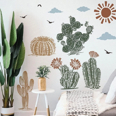 Pegatina de Pared Nórdica Bohemia Cactus Sol Pájaros PVC Impermeable Calcomanía Decorativa Para Sala de Estar Dormitorio Hogar