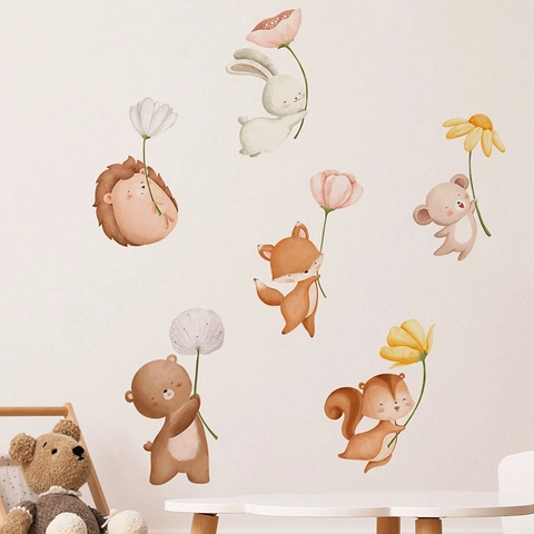 Adesivi Murali in PVC Con Animali della Foresta a Fumetti e Fiori Decalcomanie Acquerello per Cameretta Bambini e Asilo