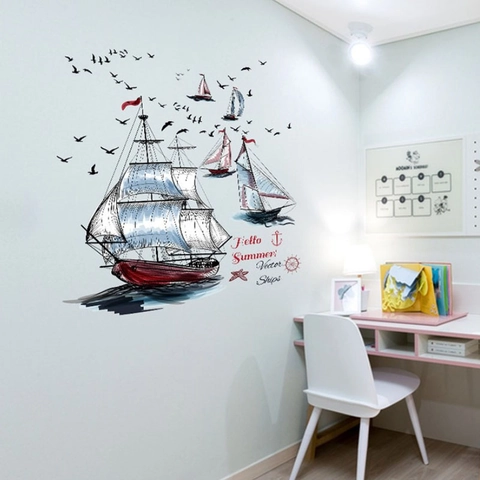 Nautical Sailing Boat Seagull Wall Stickers PVC Removable Ocean Theme Decorative Decals For Bedroom Living Room Home Decor