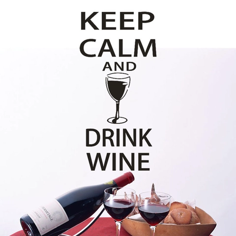 Adesivo da Parete Keep Calm And Drink Wine Decalcomania in PVC Removibile Con Icona Calice per Cucina Sala da Pranzo Bar Casa Nero