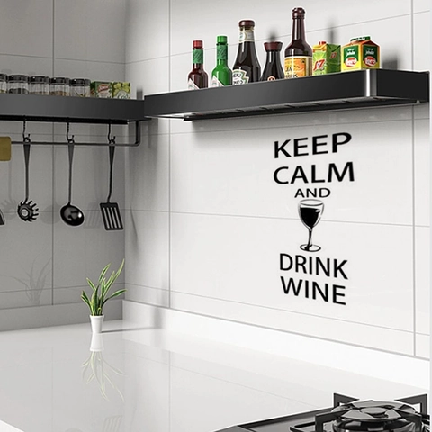Adesivo da Parete Keep Calm And Drink Wine Decalcomania in PVC Removibile Con Icona Calice per Cucina Sala da Pranzo Bar Casa Nero