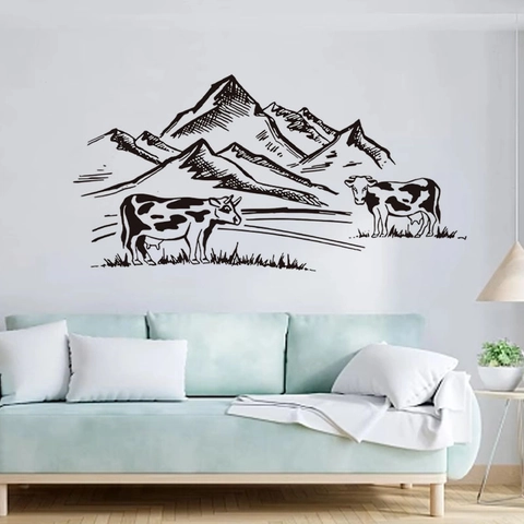 Pegatina de Pared de PVC Paisaje de Granja Vaca Molino de Viento Montaña Calcomanía Removible para Sala de Estar Dormitorio