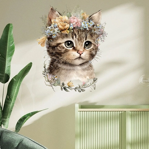 Watercolor Cat With Flower Wreath Wall Sticker Self Adhesive PVC Decal For Living Room Bedroom Nursery Home Decor