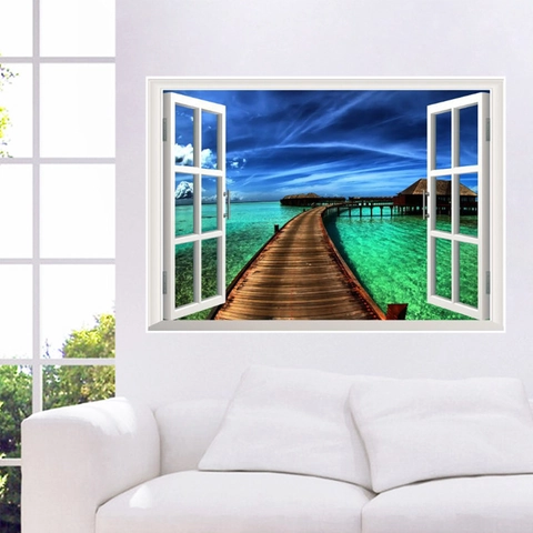 Adesivo da Parete 3D Finta Finestra Vista Maldive Spiaggia Tropicale Paesaggio Marino PVC Murale Removibile per Soggiorno Camera da Letto Ufficio