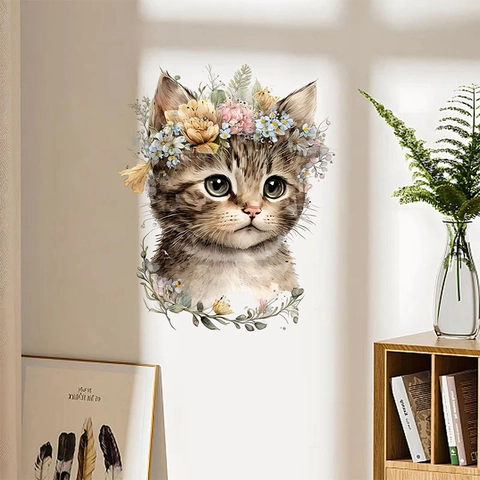 Watercolor Cat With Flower Wreath Wall Sticker Self Adhesive PVC Decal For Living Room Bedroom Nursery Home Decor