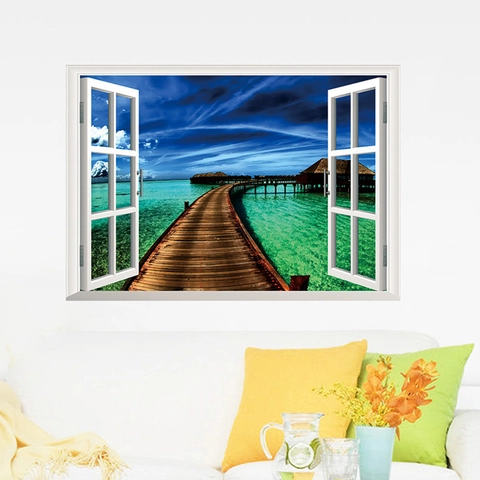 Adesivo da Parete 3D Finta Finestra Vista Maldive Spiaggia Tropicale Paesaggio Marino PVC Murale Removibile per Soggiorno Camera da Letto Ufficio