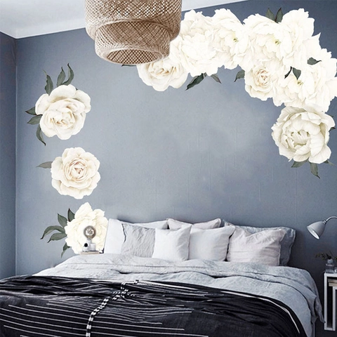 Pegatinas de Pared de Flores de Peonía Blanca Acuarela Floral Calcomanías de PVC Impermeables Autoadhesivas Para Dormitorio Sala de Estar Hogar