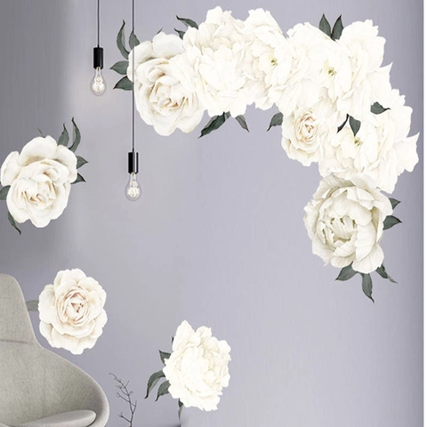 Adesivi Murali Fiori di Peonia Bianca Acquerello Floreale Decalcomanie PVC Impermeabili Autoadesivi Per Camera da Letto Soggiorno Decorazione Casa