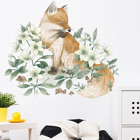 Handgemalt Aquarell Fuchs Und Blumen Selbstklebend Wandtattoo Für Wohnzimmer Schlafzimmer Wohnheim Wanddeko Abnehmbar PVC Poster
