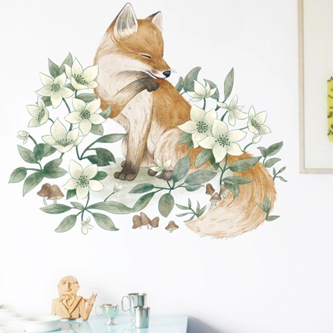 Handgemalt Aquarell Fuchs Und Blumen Selbstklebend Wandtattoo Für Wohnzimmer Schlafzimmer Wohnheim Wanddeko Abnehmbar PVC Poster