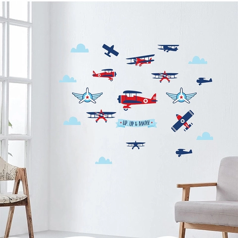 Cartoon Airplane Wall Stickers PVC Removable Aviation Theme Wall Decals For Kids Bedroom Nursery Living Room Home Decor