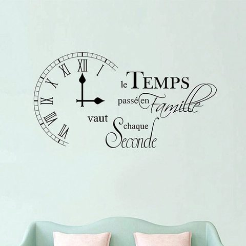 Pegatina de Pared con Frase Francesa Tiempo en Familia con Reloj Números Romanos Negro PVC DIY Decoración de Pared Hogar