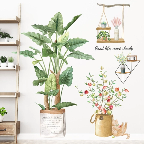 Nordic Watercolor Green Plant Wall Stickers For Living Room PVC Potted Plants Cat Pattern DIY Home Decor Removable Decals