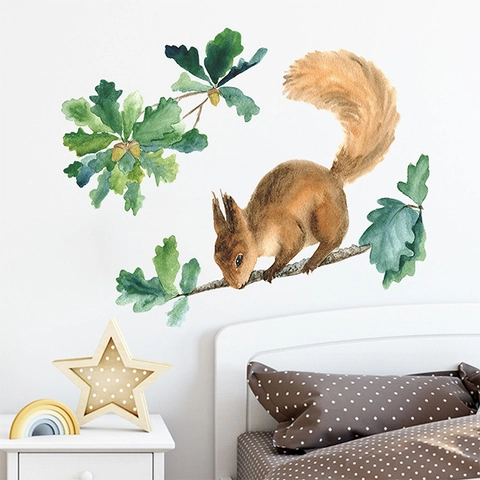Aquarell Eichhörnchen Eichenblätter Wandtattoo PVC Abnehmbare Selbstklebende Tier Aufkleber Für Kinderzimmer Home Wanddekoration