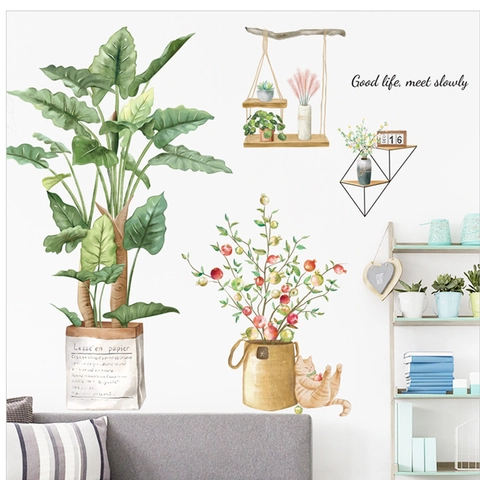 Nordic Watercolor Green Plant Wall Stickers For Living Room PVC Potted Plants Cat Pattern DIY Home Decor Removable Decals