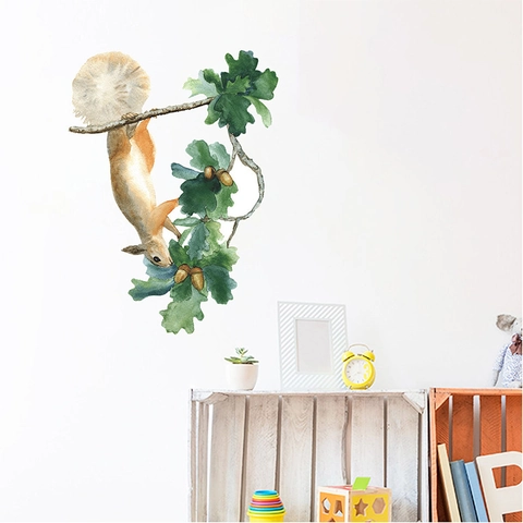 Aquarell Eichhörnchen Eichenblätter Wandtattoo PVC Abnehmbare Selbstklebende Tier Aufkleber Für Kinderzimmer Home Wanddekoration