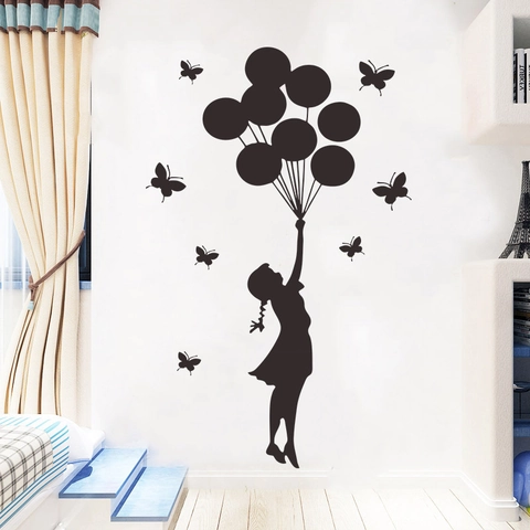 Adesivo da Parete Moderno Minimalista in PVC Nero Con Ragazza Palloncini e Farfalle Silhouette per Soggiorno e Camera
