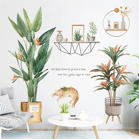 Fresh Green Tropical Leaves Cat Wall Stickers Nordic Style PVC Potted Plants Wall Decals For Living Room Bedroom Home Decoration