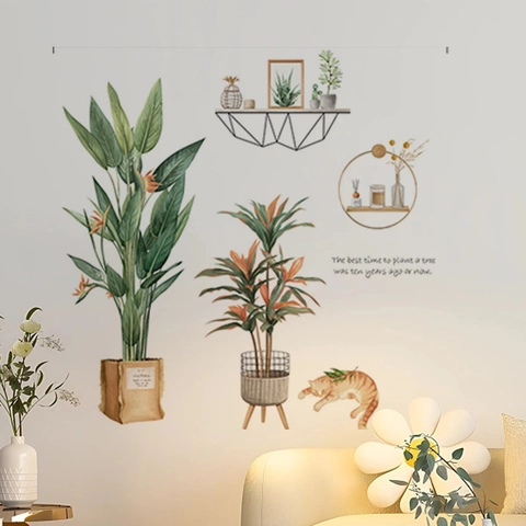 Fresh Green Tropical Leaves Cat Wall Stickers Nordic Style PVC Potted Plants Wall Decals For Living Room Bedroom Home Decoration