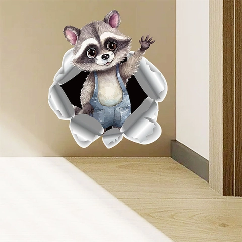 3D Broken Wall Cartoon Raccoon Blue Overalls Waving Wall Sticker PVC Waterproof Removable Home Decor Kids Room Decal JS-N1398
