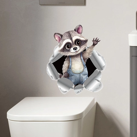 3D Broken Wall Cartoon Raccoon Blue Overalls Waving Wall Sticker PVC Waterproof Removable Home Decor Kids Room Decal JS-N1398