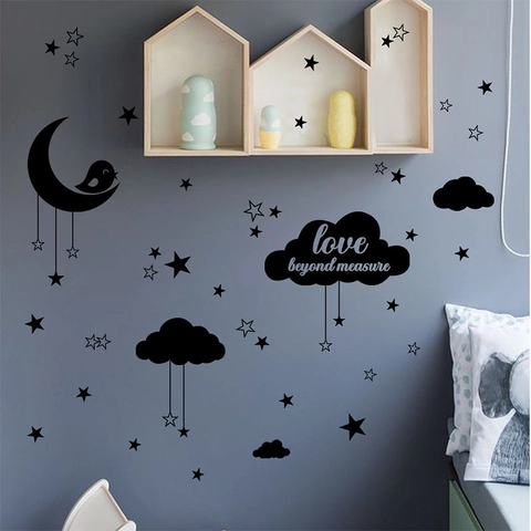 Vinilo Decorativo Nórdico Luna Nubes Estrellas Cita Love Beyond Measure Removible de PVC para Habitación de Niños Decoración Negro