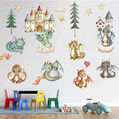 Vinilos Decorativos de Pared de Castillo de Dinosaurio de Dibujos Animados de Acuarela Adhesivos de PVC para Niños
