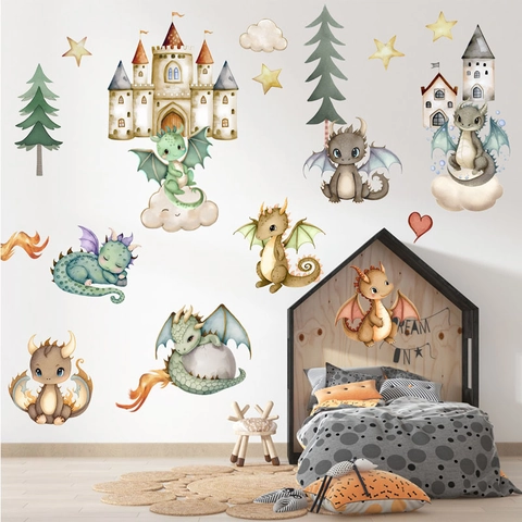 Vinilos Decorativos de Pared de Castillo de Dinosaurio de Dibujos Animados de Acuarela Adhesivos de PVC para Niños