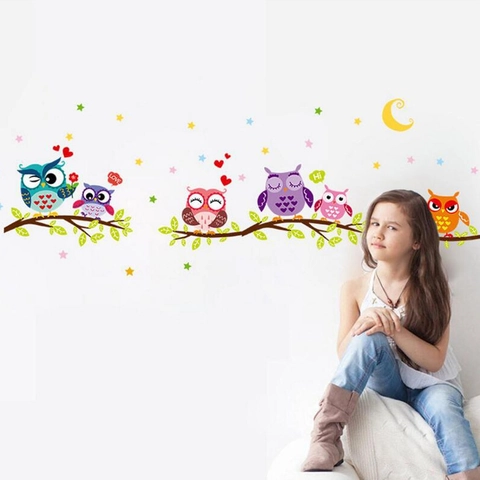 Cartoon Owl Standing On Tree Branch Wall Sticker PVC Removable Colorful Animal Star Moon Art Decal For Kids Room Home Decor