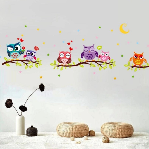 Cartoon Owl Standing On Tree Branch Wall Sticker PVC Removable Colorful Animal Star Moon Art Decal For Kids Room Home Decor